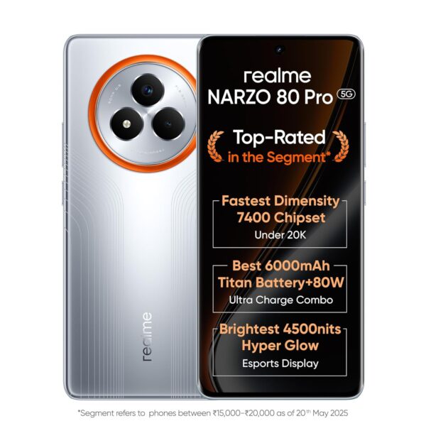 realme NARZO 80 Pro 5G (Speed Silver,8GB+128GB) | Segment's 1st MediaTek Dimensity 7400 Chipset | 6000mAh Titan Battery + 80W Ultra Charge | 4500nits