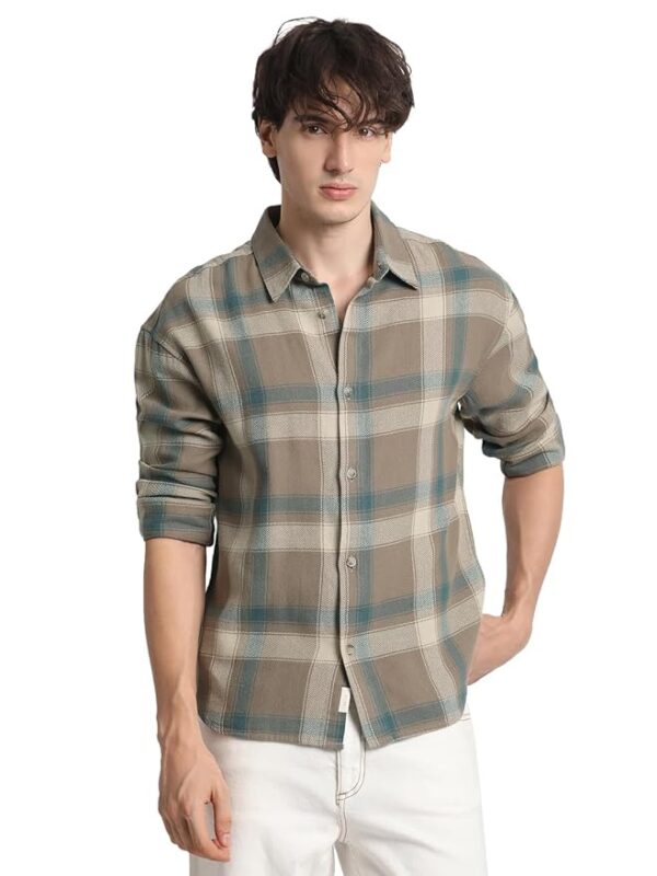 Men's Brown Checked Relaxed Fit Cotton Casual Shirt