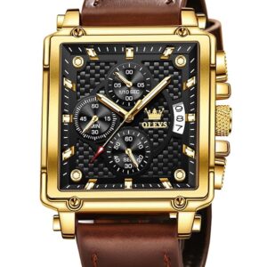 OLEVS Square Watches for Men Brown Leather Chronograph Fashion Business Watch Luminous Waterproof Casual Wrist Watches