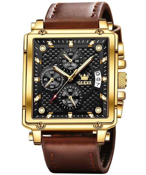 OLEVS Square Watches for Men Brown Leather Chronograph Fashion Business Watch Luminous Waterproof Casual Wrist Watches
